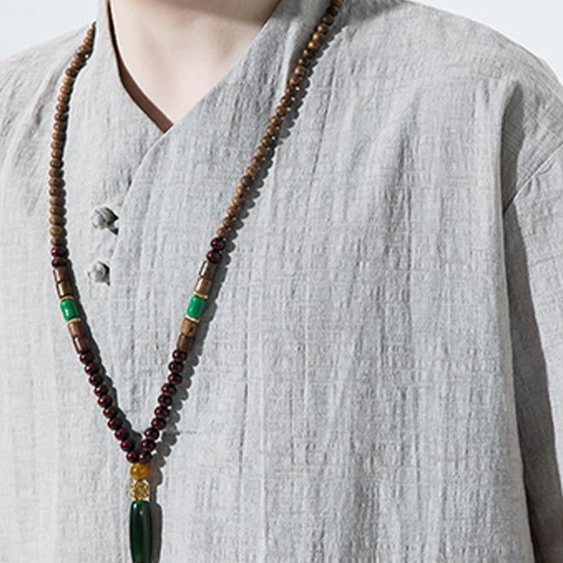 Camisa de lino y algodón con cuello en V, manga tres cuartos y dos botones, informal, de color liso, para hombre con Buddha Stones