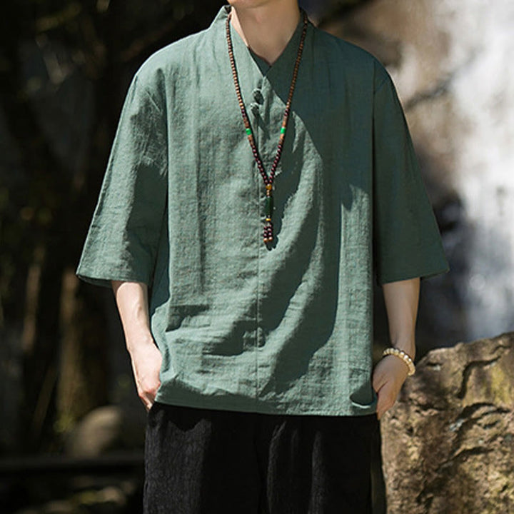 Camisa de lino y algodón con cuello en V, manga tres cuartos y dos botones, informal, de color liso, para hombre con Buddha Stones