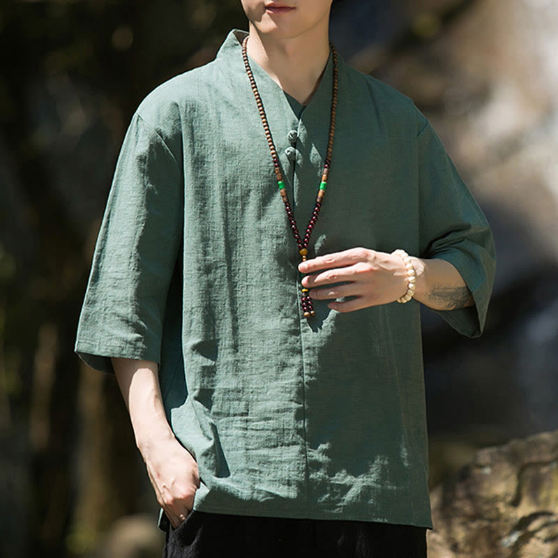 Camisa de lino y algodón con cuello en V, manga tres cuartos y dos botones, informal, de color liso, para hombre con Buddha Stones