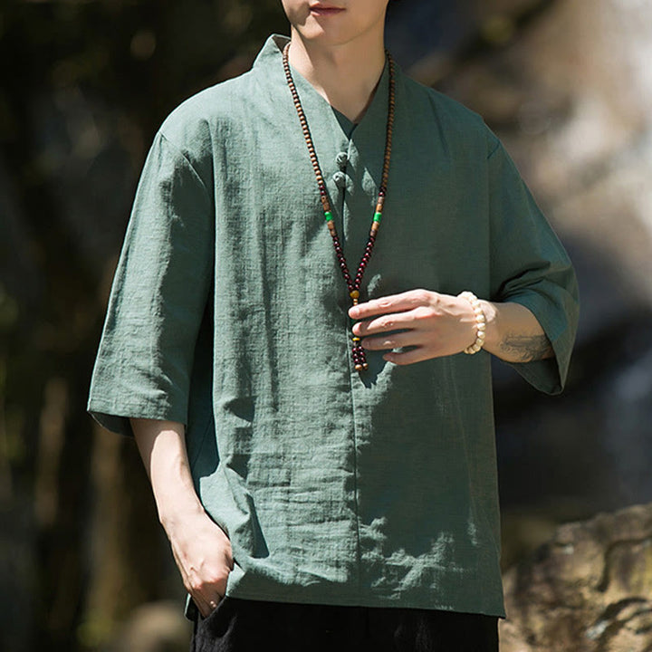 Camisa de lino y algodón con cuello en V, manga tres cuartos y dos botones, informal, de color liso, para hombre con Buddha Stones
