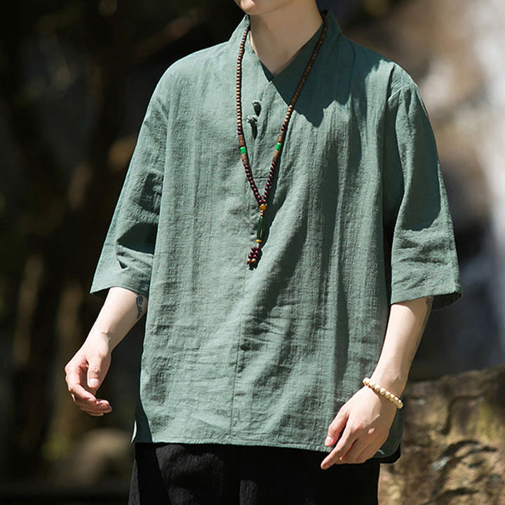Camisa de lino y algodón con cuello en V, manga tres cuartos y dos botones, informal, de color liso, para hombre con Buddha Stones