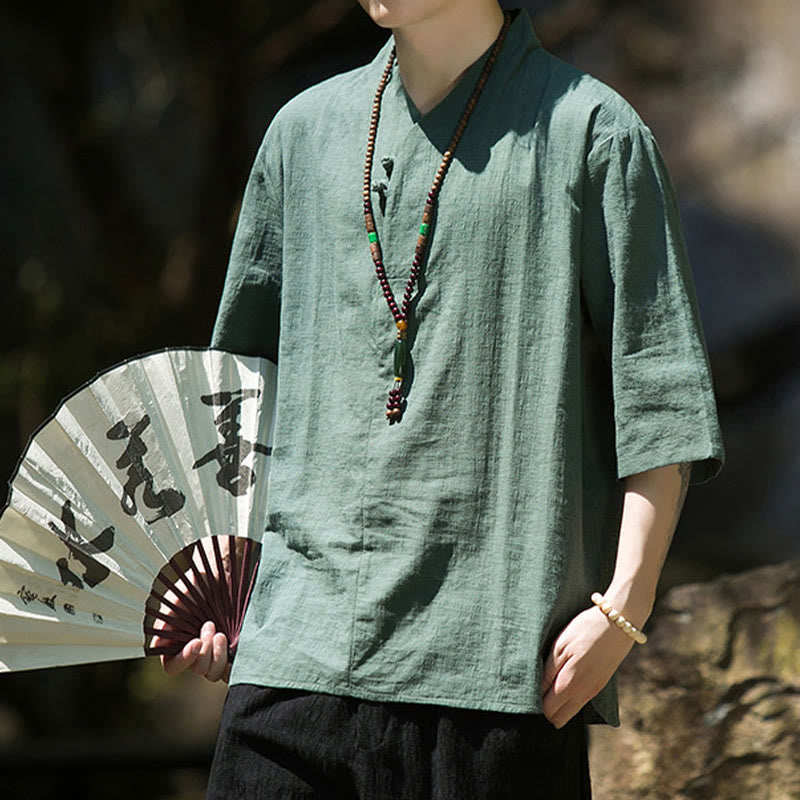 Camisa de lino y algodón con cuello en V, manga tres cuartos y dos botones, informal, de color liso, para hombre con Buddha Stones - image 12