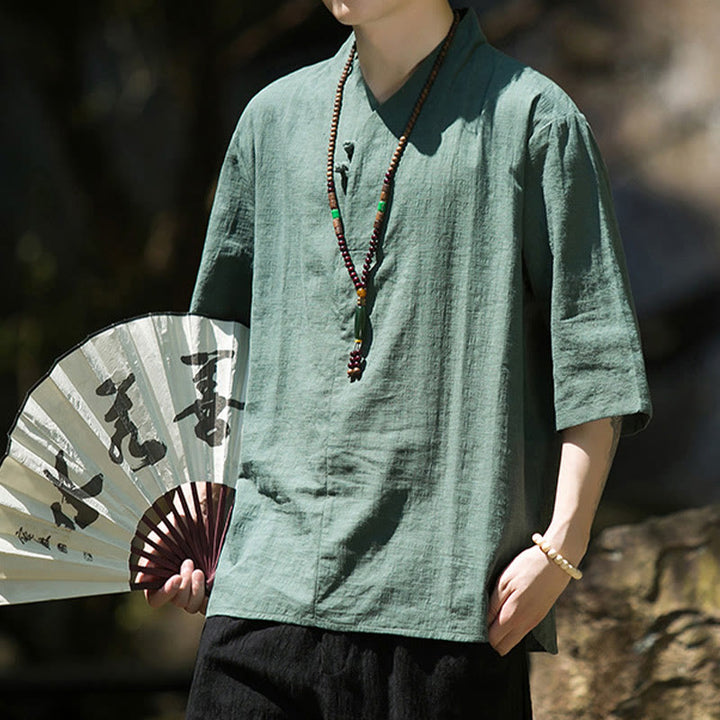 Camisa de lino y algodón con cuello en V, manga tres cuartos y dos botones, informal, de color liso, para hombre con Buddha Stones - image 12