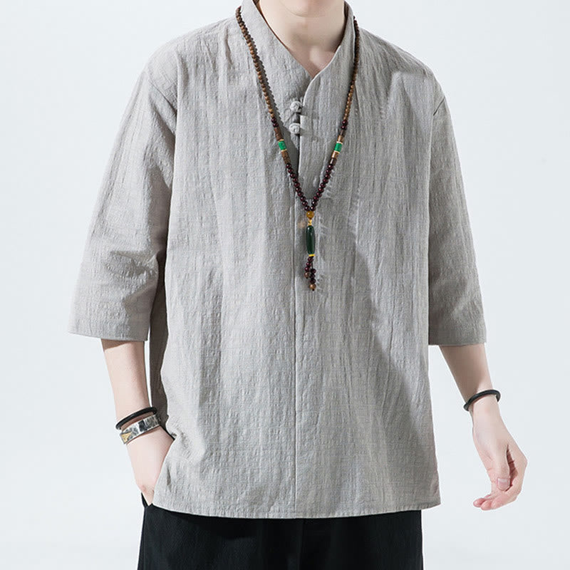 Camisa de lino y algodón con cuello en V, manga tres cuartos y dos botones, informal, de color liso, para hombre con Buddha Stones