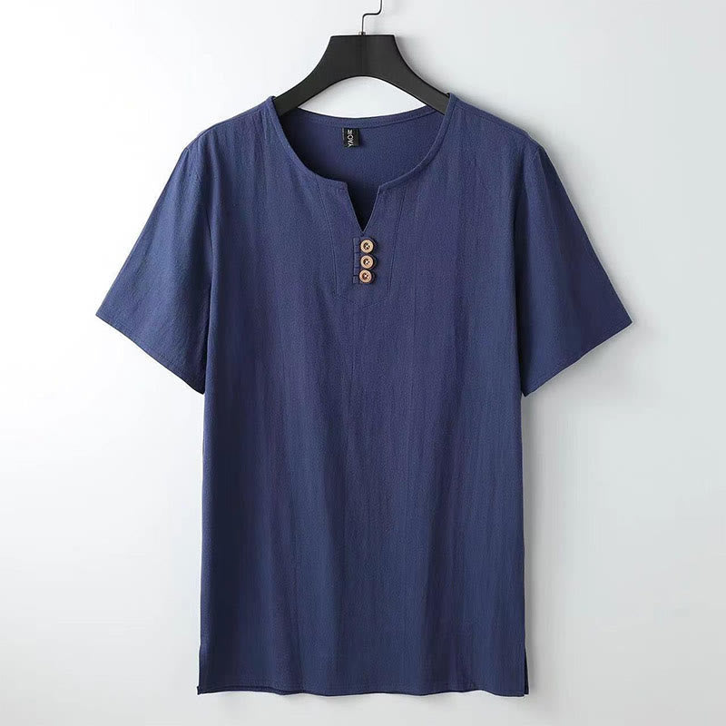 Camisa de lino y algodón de manga corta con cuello en V y tres botones en color liso para hombre con Buddha Stones - Azul oscuro - US/UK/AU44, UE 54 (5XL) - image 8