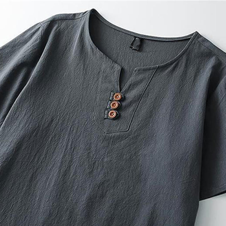 Camisa de lino y algodón de manga corta con cuello en V y tres botones en color liso para hombre con Buddha Stones - image 4