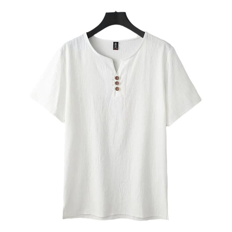 Camisa de lino y algodón de manga corta con cuello en V y tres botones en color liso para hombre con Buddha Stones - image 2