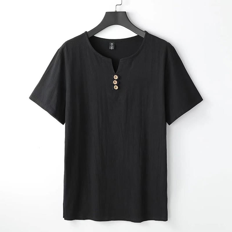 Camisa de lino y algodón de manga corta con cuello en V y tres botones en color liso para hombre con Buddha Stones - Negro - US/UK/AU44, UE 54 (5XL) - image 7