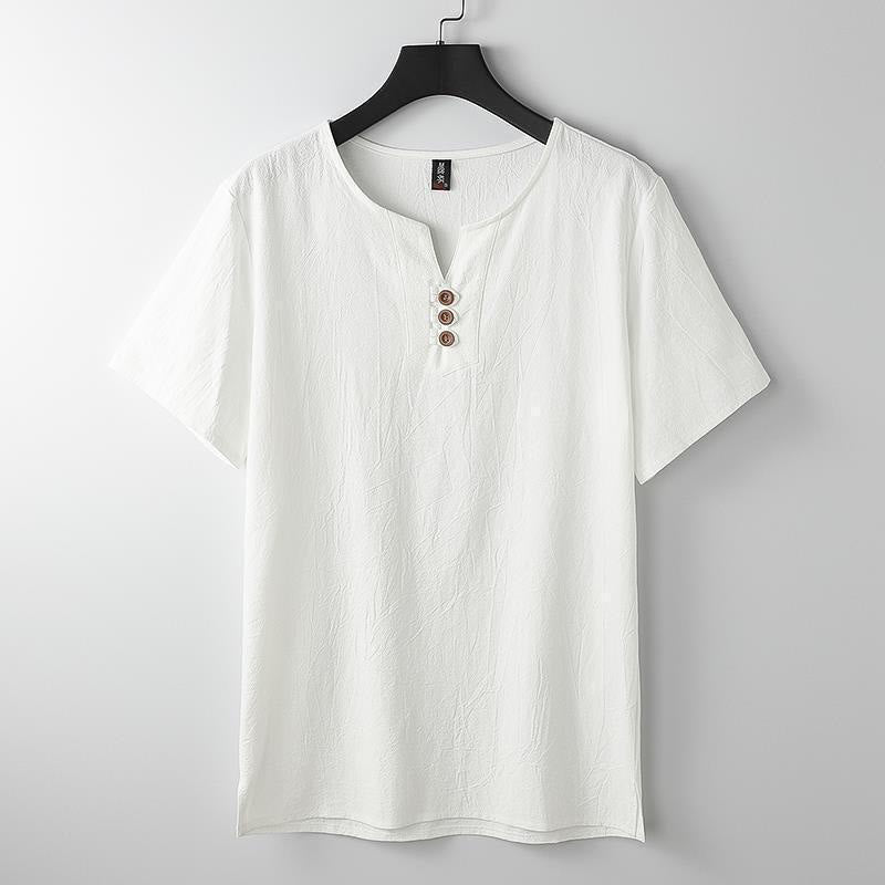 Camisa de lino y algodón de manga corta con cuello en V y tres botones en color liso para hombre con Buddha Stones - Blanco - US/UK/AU44, UE 54 (5XL) - image 1