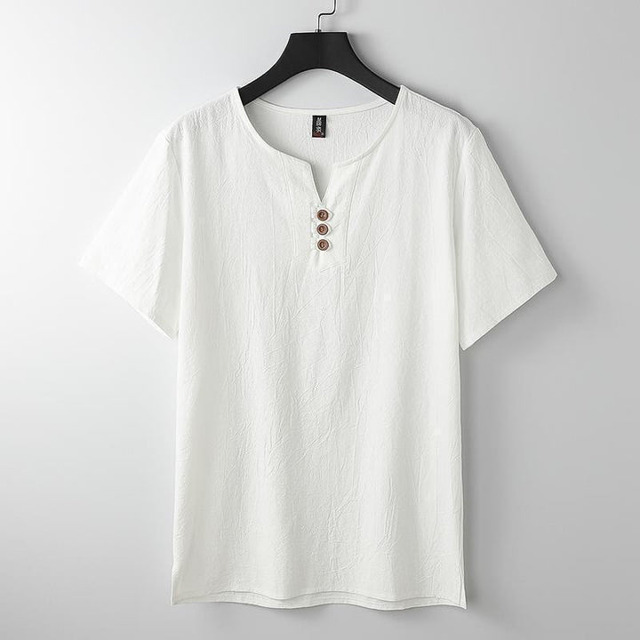 Camisa de lino y algodón de manga corta con cuello en V y tres botones en color liso para hombre con Buddha Stones - Blanco - US/UK/AU44, UE 54 (5XL) - image 1