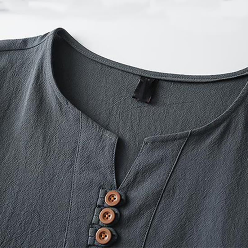 Camisa de lino y algodón de manga corta con cuello en V y tres botones en color liso para hombre con Buddha Stones - image 5