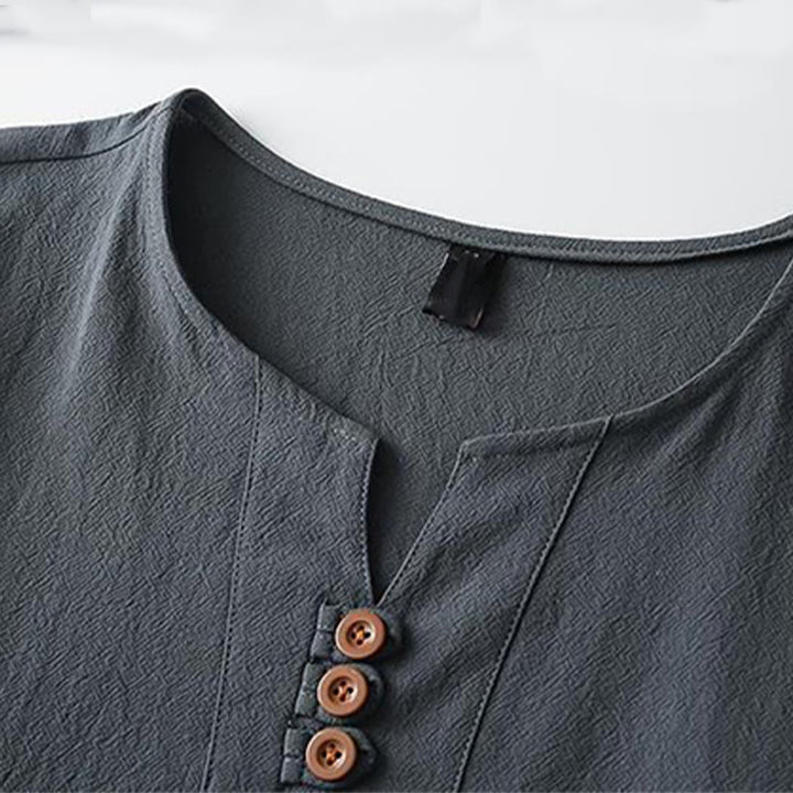Camisa de lino y algodón de manga corta con cuello en V y tres botones en color liso para hombre con Buddha Stones - image 5