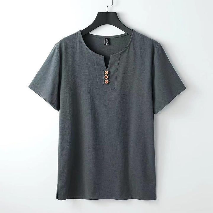 Camisa de lino y algodón de manga corta con cuello en V y tres botones en color liso para hombre con Buddha Stones - Gris - US/UK/AU44, UE 54 (5XL) - image 3