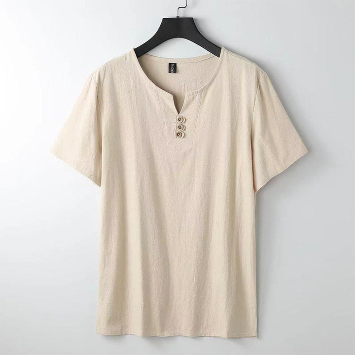 Camisa de lino y algodón de manga corta con cuello en V y tres botones en color liso para hombre con Buddha Stones - Trigo - US/UK/AU44, UE 54 (5XL) - image 0