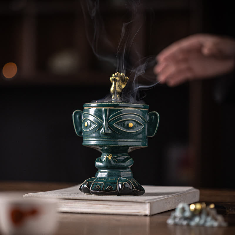 Quemador de incienso de cerámica curativo Sanxingdui con Buddha Stones para decoración de escritorio
