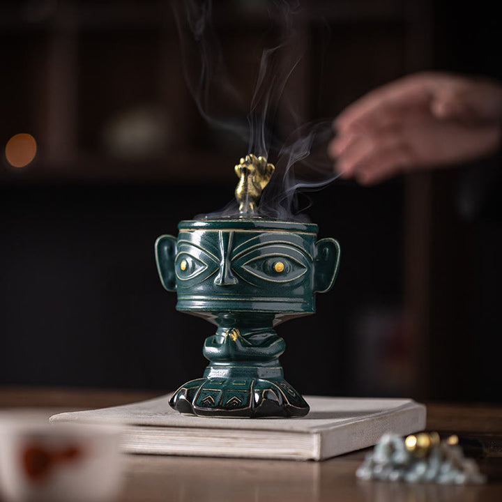 Quemador de incienso de cerámica curativo Sanxingdui con Buddha Stones para decoración de escritorio