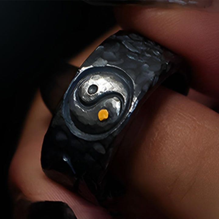 Anillo de equilibrio Yin Yang de plata de ley 999 con Buddha Stones