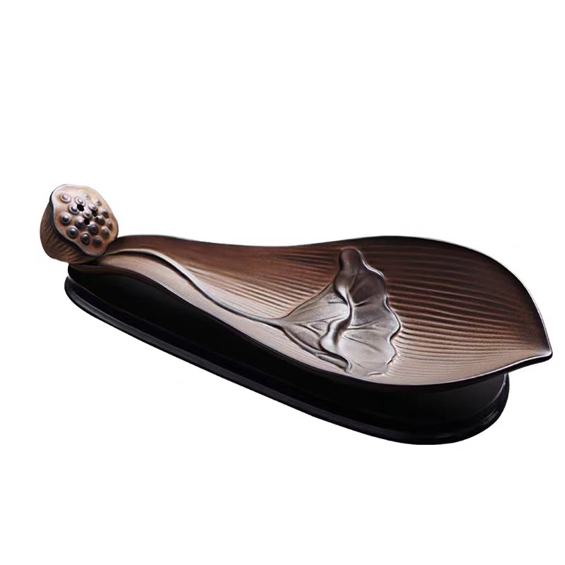 Quemador de incienso de cerámica marrón con forma de vaina de loto y Buddha Stones para curación zen