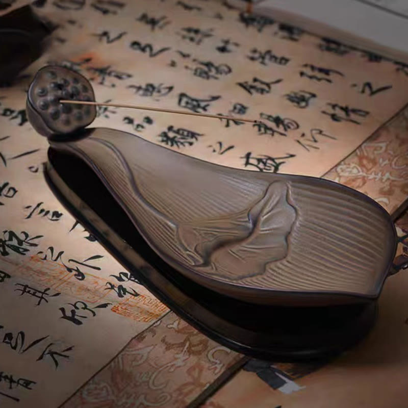 Quemador de incienso de cerámica marrón con forma de vaina de loto y Buddha Stones para curación zen - image 1