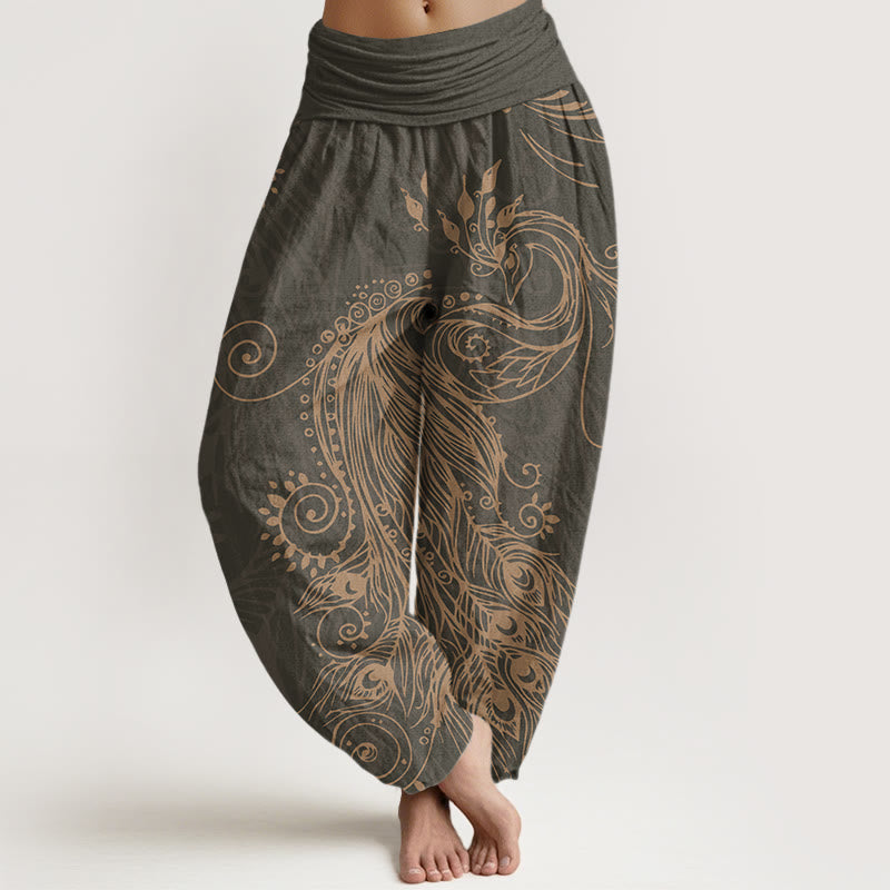 Pantalones harén con cintura elástica para mujer, diseño informal de pavo real y Buddha Stones - Gris oscuro - US22，UK/AU26，EU54 (6XL) - image 1