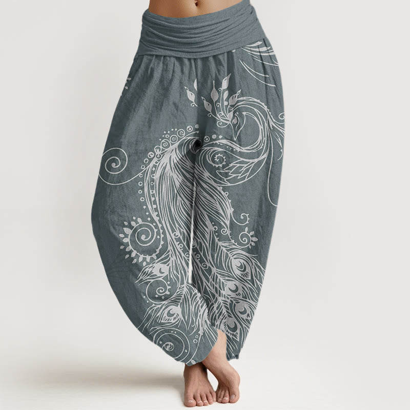 Pantalones harén con cintura elástica para mujer, diseño informal de pavo real y Buddha Stones - Gris pizarra - US22，UK/AU26，EU54 (6XL) - image 5