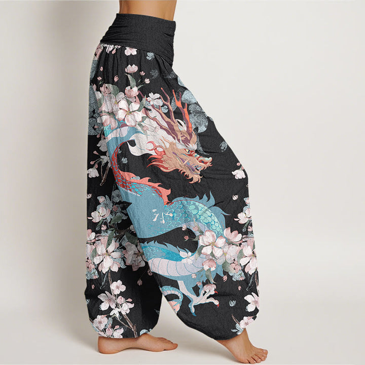 Pantalones harén con cintura elástica para mujer con diseño de flores de cerezo y dragón y Buddha Stones - image 3