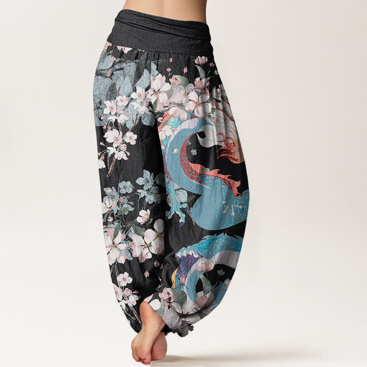 Pantalones bombachos de cintura elástica para mujer, de algodón, estilo casual, con estampado de dragones y flores de cerezo y piedras de Buddha Stones. - image 1