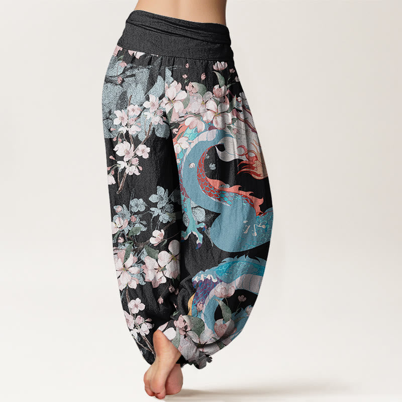 Pantalones harén con cintura elástica para mujer con diseño de flores de cerezo y dragón y Buddha Stones - image 2