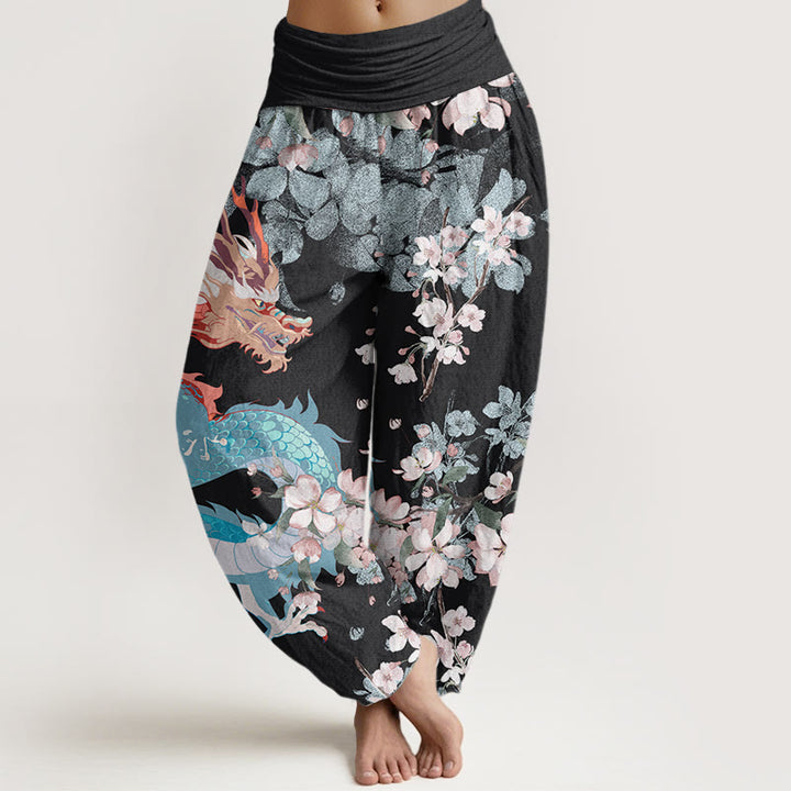 Pantalones bombachos de cintura elástica para mujer, de algodón, estilo casual, con estampado de dragones y flores de cerezo y piedras de Buddha Stones. - Negro - US22，UK/AU26，EU54 (6XL) - image 0