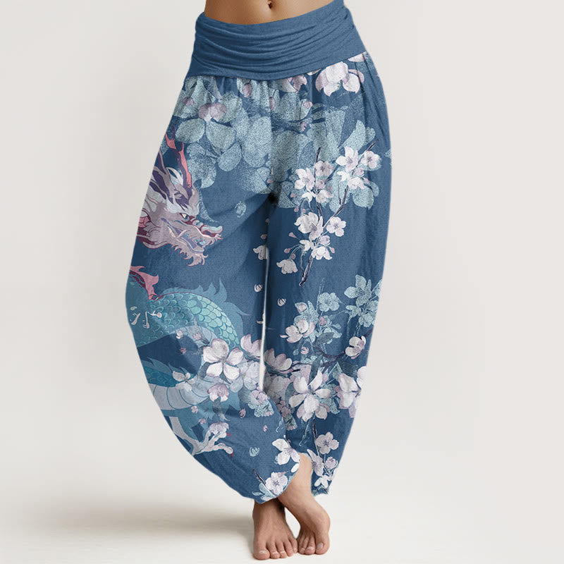 Pantalones harén con cintura elástica para mujer con diseño de flores de cerezo y dragón y Buddha Stones - Azul acero - US22，UK/AU26，EU54 (6XL) - image 5