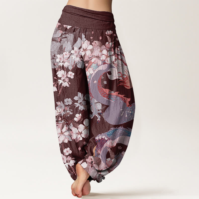 Pantalones harén con cintura elástica para mujer con diseño de flores de cerezo y dragón y Buddha Stones - image 9
