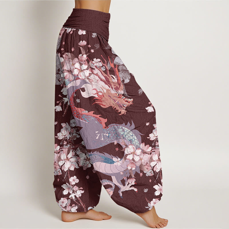 Pantalones harén con cintura elástica para mujer con diseño de flores de cerezo y dragón y Buddha Stones - image 10