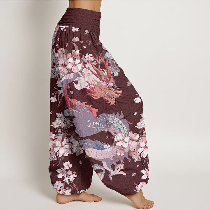Pantalones harén con cintura elástica para mujer con diseño de flores de cerezo y dragón y Buddha Stones - image 10