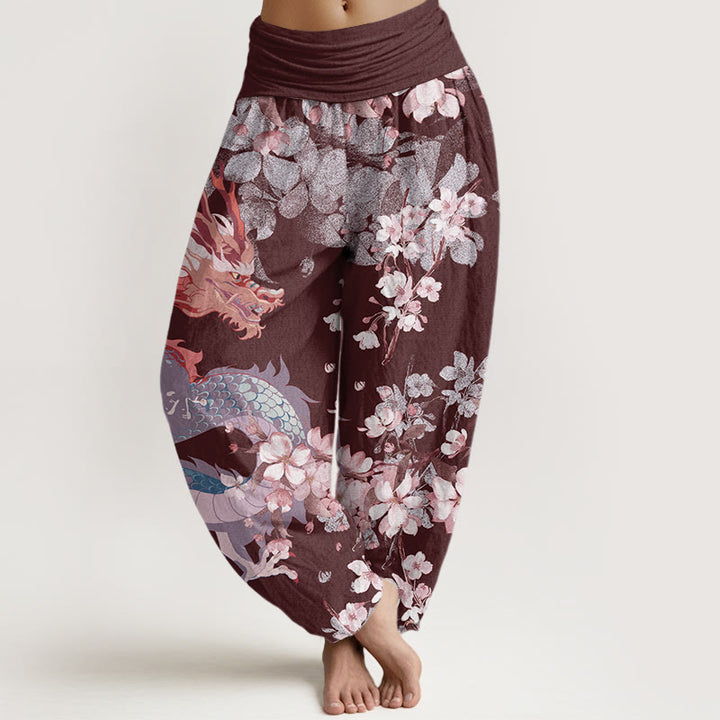 Pantalones harén con cintura elástica para mujer con diseño de flores de cerezo y dragón y Buddha Stones - Granate - US22，UK/AU26，EU54 (6XL) - image 8