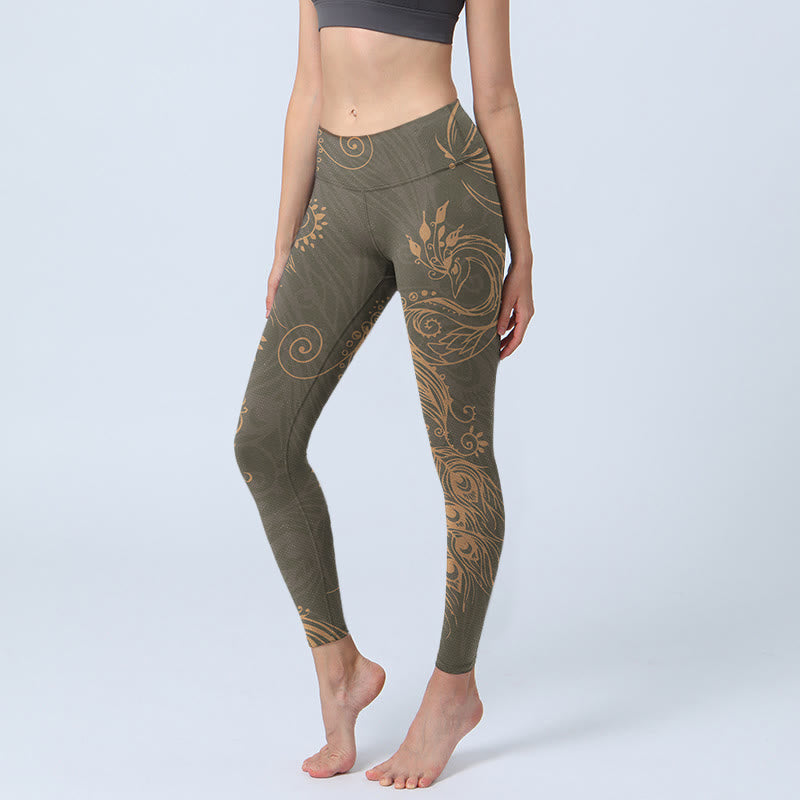 Leggings deportivos con estampado de plumas de pavo real y Buddha Stones para mujer - Verde oliva oscuro - US18，UK/AU22，EU50 (4XL) - image 0