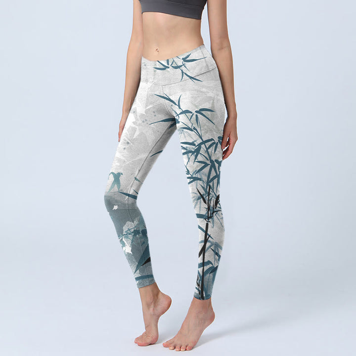 Leggings de yoga para mujer con estampado de bambú y Buddha Stones - Humo blanco - US18，UK/AU22，EU50 (4XL) - image 1