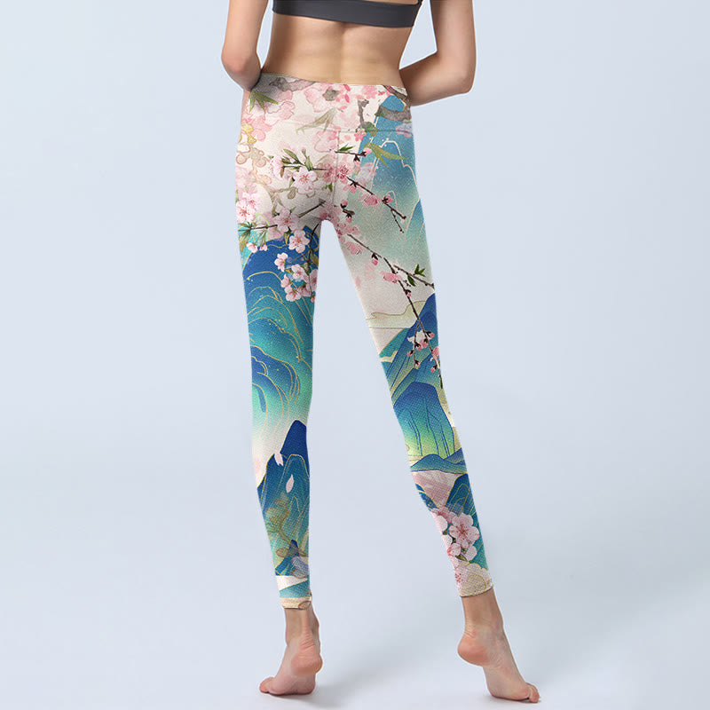 Leggings de yoga para mujer con estampado de flores de ciruelo, montañas y Buddha Stones - image 6