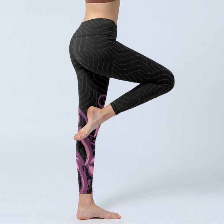 Leggings de yoga para mujer con estampado de flores de loto en color negro y rosa y Buddha Stones - image 3