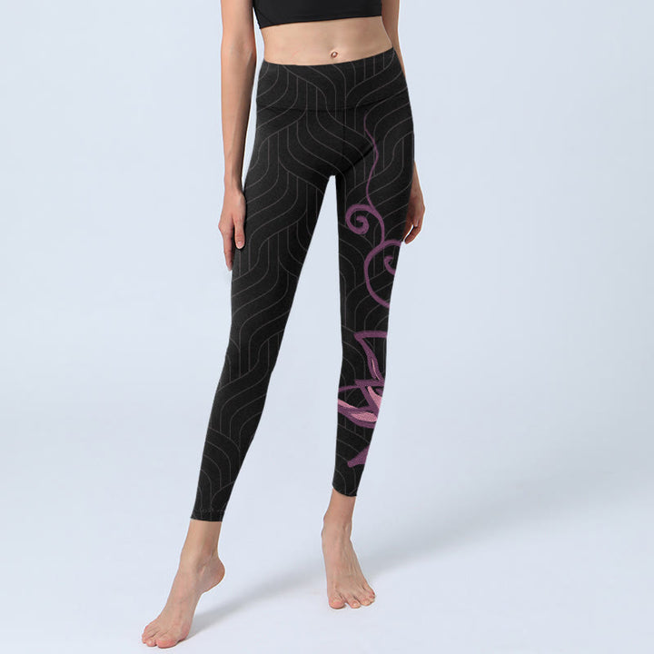 Leggings de yoga para mujer con estampado de flores de loto en color negro y rosa y Buddha Stones - image 5