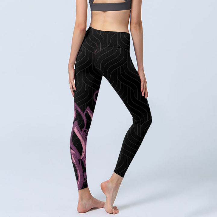 Leggings de yoga para mujer con estampado de flores de loto en color negro y rosa y Buddha Stones - image 4