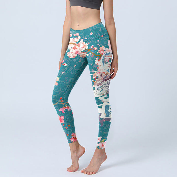 Leggings de yoga para mujer con estampado de flores de cerezo, dragón y piedras de Buddha Stones - Azul cadete - US18，UK/AU22，EU50 (4XL) - image 0