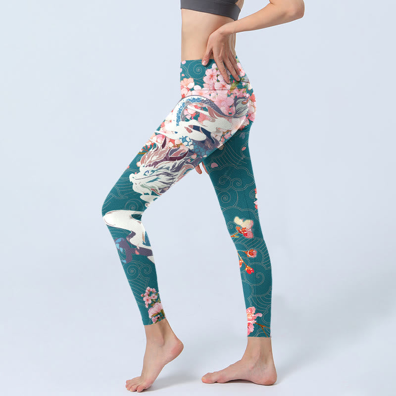 Leggings de yoga para mujer con estampado de flores de cerezo, dragón y piedras de Buddha Stones - image 2