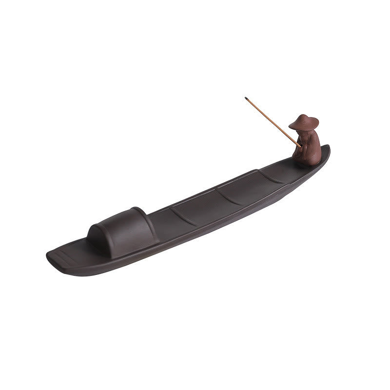 Quemador de incienso de cerámica con forma de barco de pescador y Buddha Stones, arcilla morada, curación de la paz