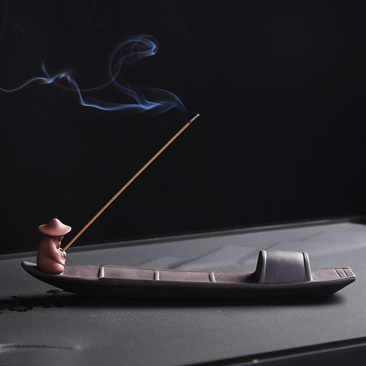 Quemador de incienso de cerámica con forma de barco de pescador y Buddha Stones, arcilla morada, curación de la paz