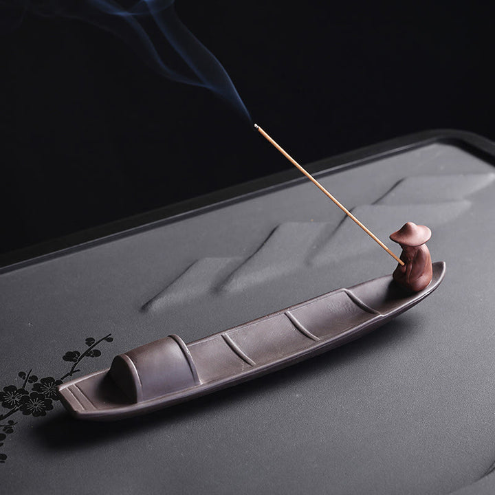 Quemador de incienso de cerámica con forma de barco de pescador y Buddha Stones, arcilla morada, curación de la paz