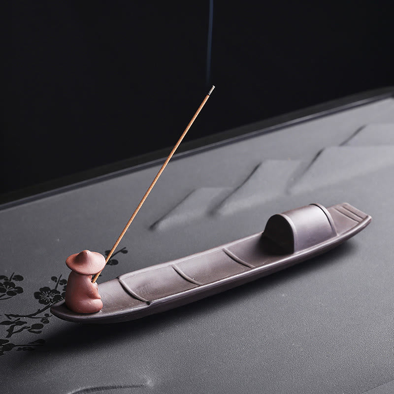 Quemador de incienso de cerámica con forma de barco de pescador y Buddha Stones, arcilla morada, curación de la paz
