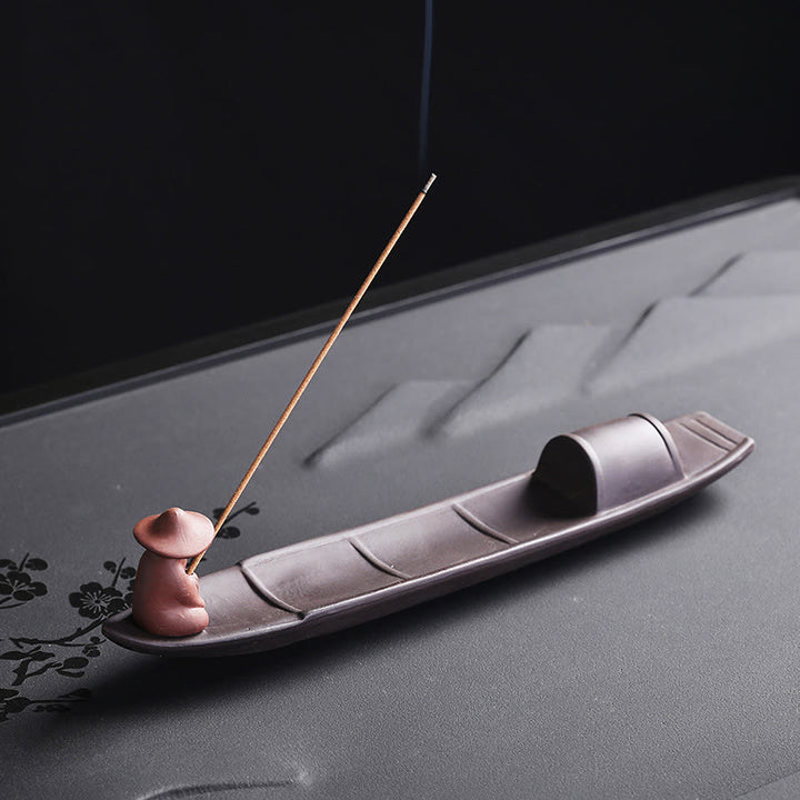 Quemador de incienso de cerámica con forma de barco de pescador y Buddha Stones, arcilla morada, curación de la paz - image 1