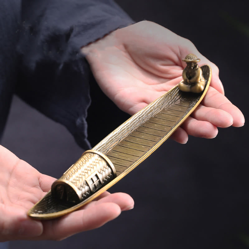 Quemador de incienso de aleación con forma de barco de pescador y Buddha Stones, quemador de incienso curativo decorativo - image 1