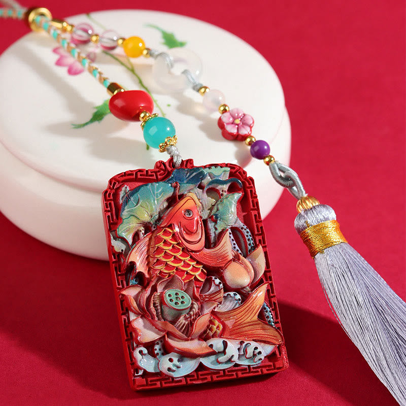 Buddha Stones con cinabrio natural, pez koi, diseño de loto, bendición, paz, hebilla, decoración colgante para coche