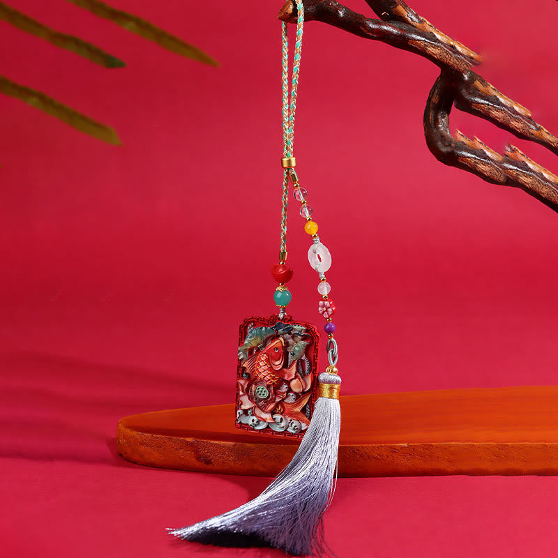 Buddha Stones con cinabrio natural, pez koi, diseño de loto, bendición, paz, hebilla, decoración colgante para coche